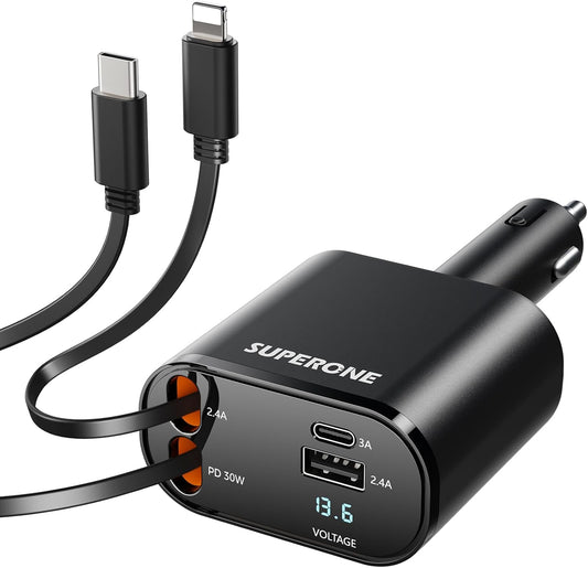 SUPERONE Retractable Car Charger for iPhone with Dual Type C Cables, 4 in 1 USB C Car Charger Adapter with 69W Fast Charging Compatible with iPhone 17 16 15 14 13 12 11 Pro/XS/XR/SE/iPad/Airpods