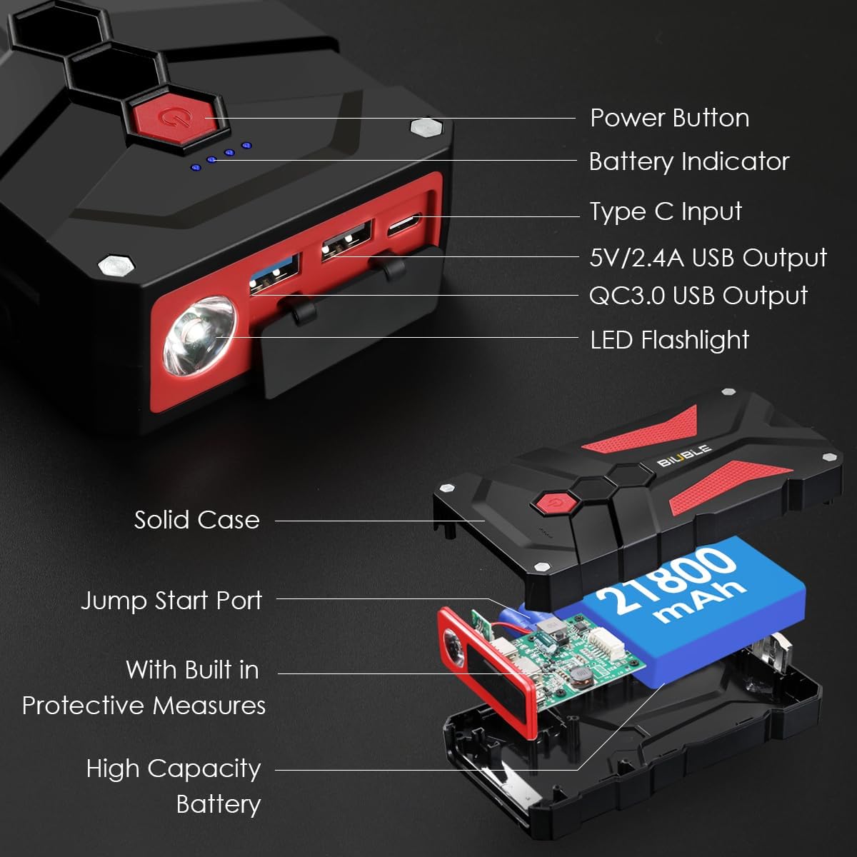 Jump Starter Car Jump Starter Auto Battery Booster Pack 5000A Peak 12V with USB-C Quick Charge,Lithium Jump Box with LED Light(Up to 7.0L Gas or 5.5L Diesel Engine)