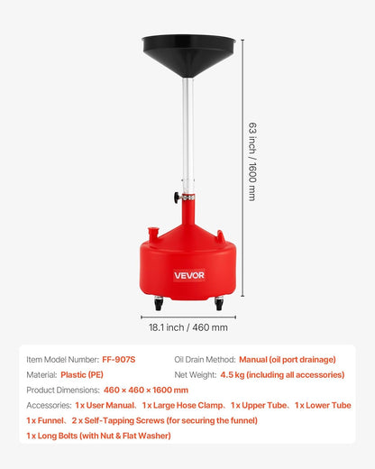 VEVOR Oil Drain Container, 20 Gallon Waste Oil Drain Tank, Portable Oil Lift Drain Pan Air Operated Drainer, Fluid Fuel Drainage Adjustable Funnel Height with Pressure Regulating Valve & Wheel