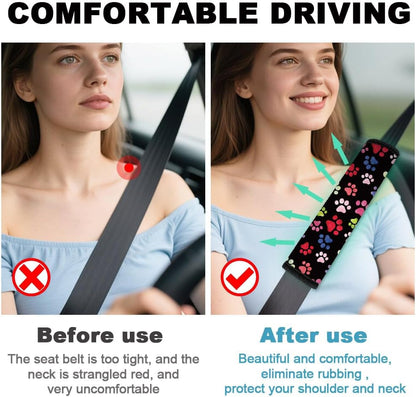 2Pcs Soft Auto Seat Belt Cover Pad Cute Cat Print Colorful Car Seatbelt Shoulder Cushion for Comfortable Driving, Compatible with All Cars' Seatbelt and Backpack Straps