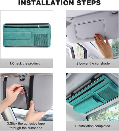 Car Sun Visor Organizer, Leather Sun Visor Pocket Organizer Case with Multi-Pocket Net Zipper, Suede Note Holder Car Visor Storage Pouch for Card Pen Sunglasses Document (Gray)