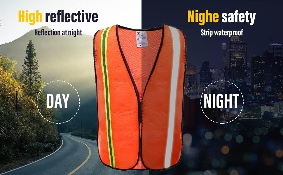 SIFE 10 Pack High Visibility Reflective Safety Vest,Made from Breathable and Neon Orange Mesh Fabric with Stretchable design,light weight for Man and Woman(Orange, 10 pack)