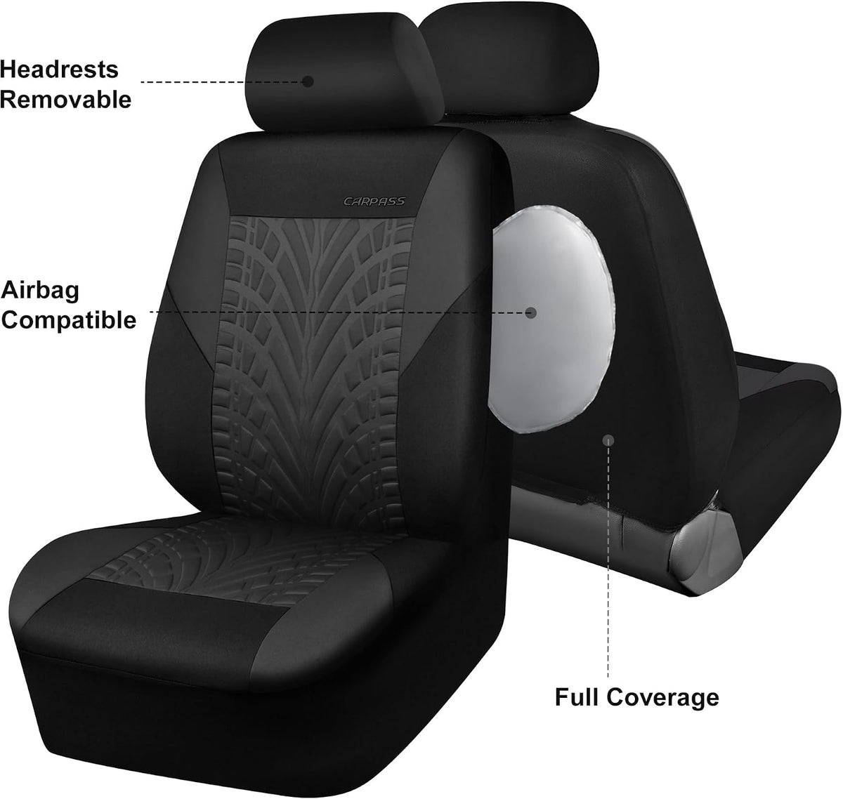 CAR PASS Car Seat Covers Full Sets, Front & Split Rear Bench for Car, 3D Tyre Embossed Automotive Interior Covers, Airbag Compatible, Quick Setup Universal Fit Seat Covers for Car, SUV(Charcoal)