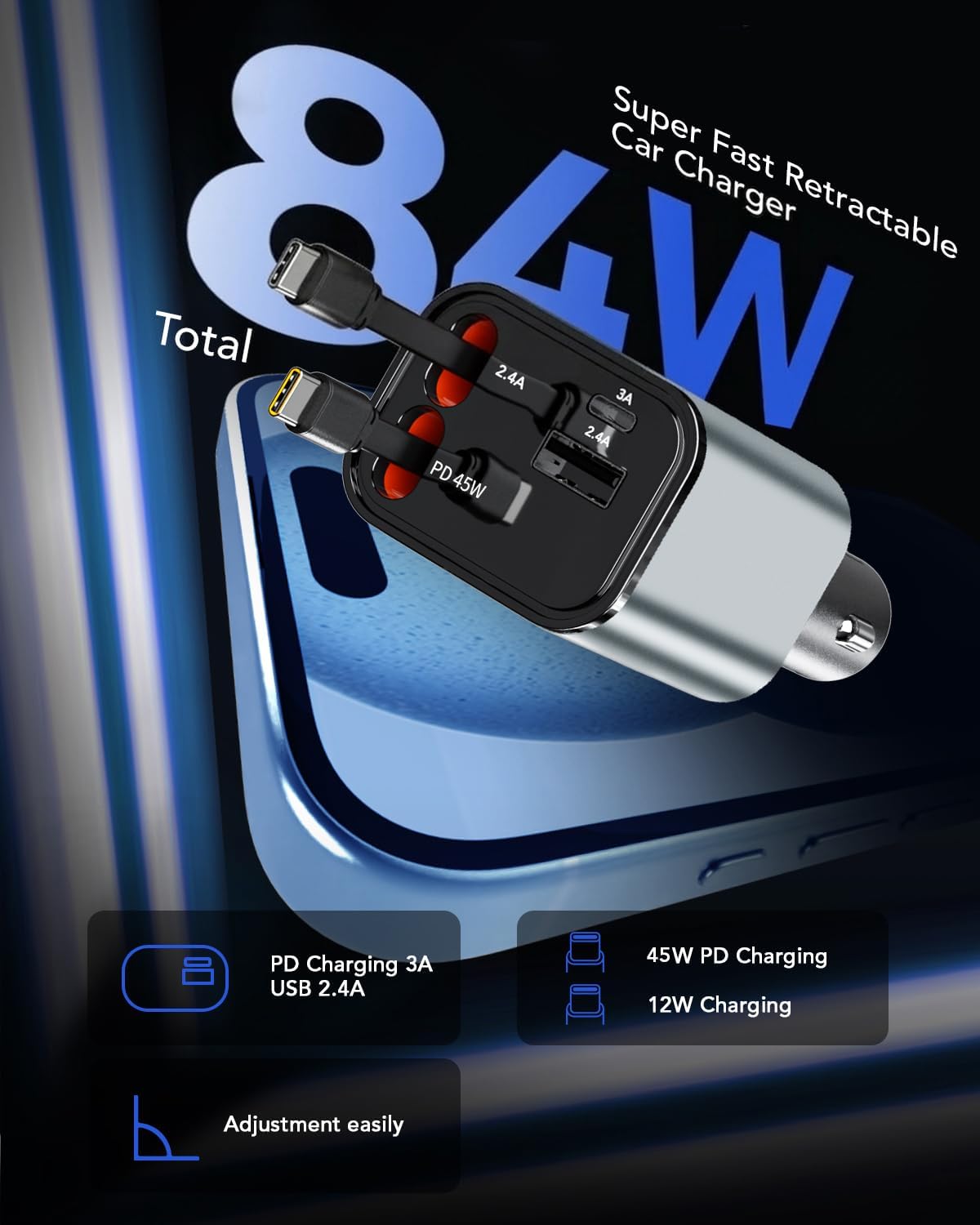 Retractable Car Charger,Car Phone Charger USB C Fast Charge,Cigarette Lighter USB Charger Car Accessories for Women,Road Trip Essentials Gift for Men,Car Charger for iPhone 17/16/15,Galaxy S26,Pixel