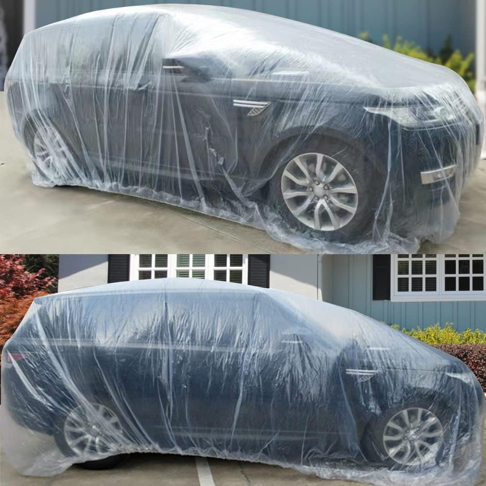 4 Packs Disposable Car Cover Clear Plastic Car Cover Universal Rain Dust Garage Cover with Elastic Band Medium (12 ft x 22 ft)