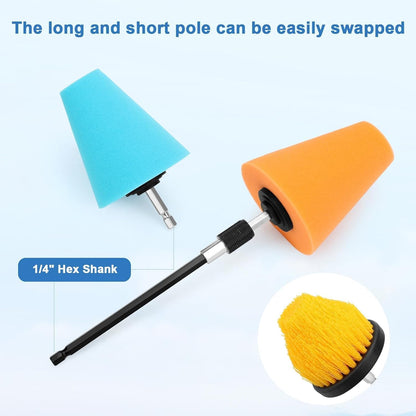 Linkstyle 5PCS Drill Polishing Ball Set, Car Wheel Polisher Sponge Pad Kit with Long Extension Pole & Cleaning Brush, Buffing Ball for 1/4" Hex Drill, Car Rim and Metal Surface Polishing Tool