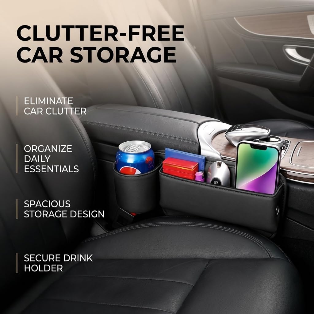 2-Pack Car Seat Gap Filler Organizer with Cup Holder - Premium Leather - Universal Fit - Keeps Cans/Phone/Keys/Wallets Organized