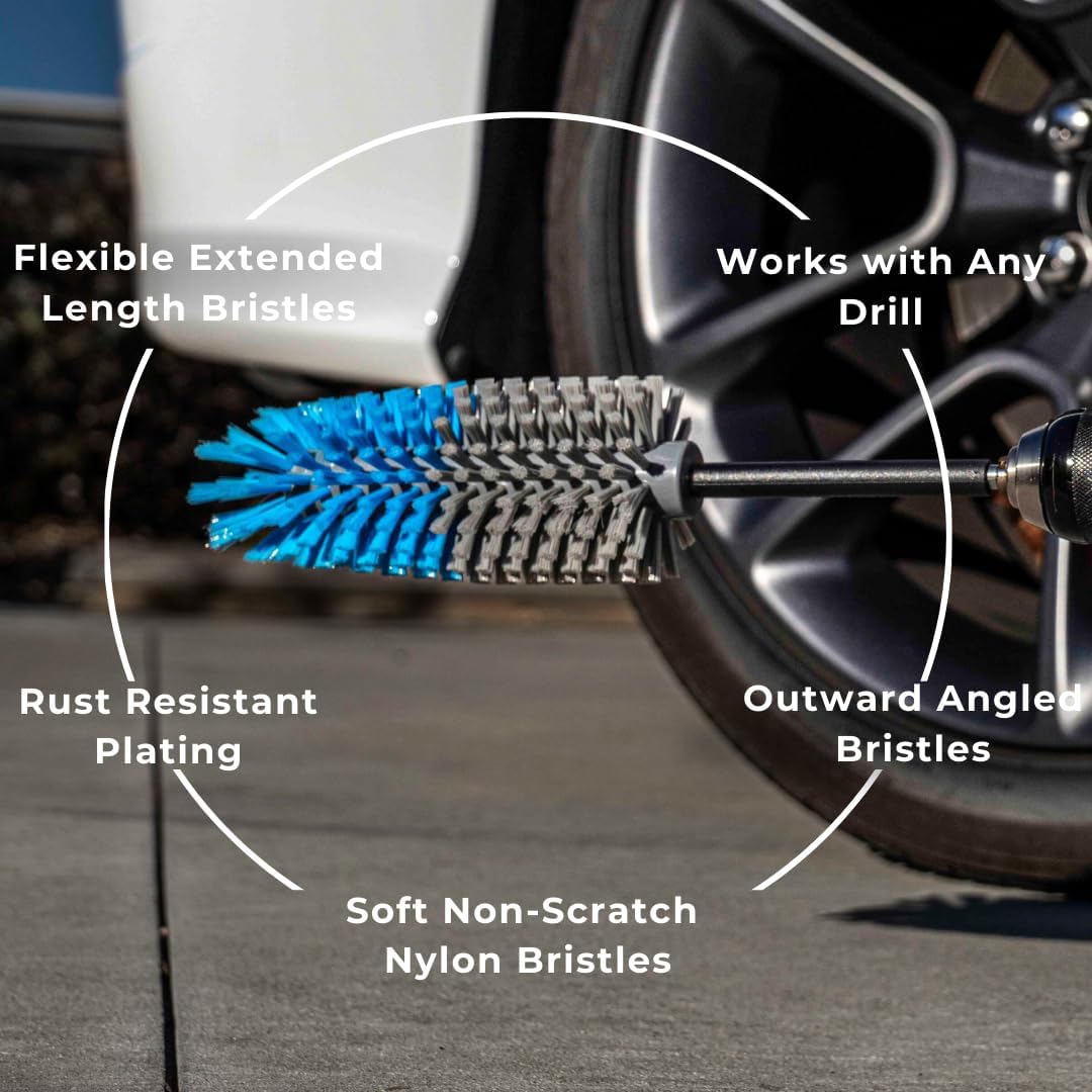 Long Reach Drill Brush Attachment, All Purpose for Car Tires, Wheels, Wheel Wells, Engine Bays, Exhaust Pipes, Running Boards, Hard to Reach Areas, with Heavy Duty Non-Scratch Nylon Bristles