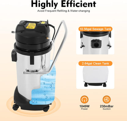 40L/10.6Gal Commercial Carpet Cleaner Machine, 3-in-1 Heavy Duty Extractor Vacuum with 1049W Power & 230mbar Suction, Professional Upholstery Cleaner for Sofa Curtain Car, Stainless Steel Wet Dry Vac