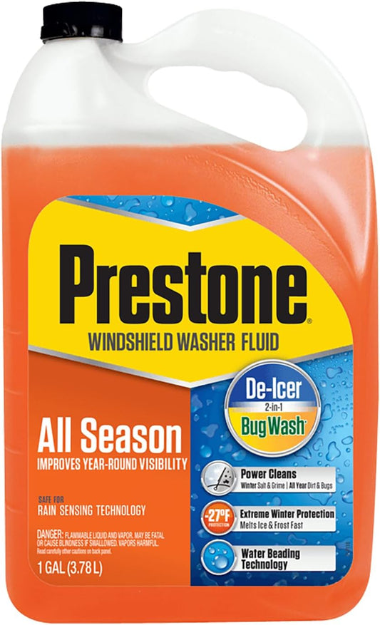 Prestone AS658 All Season 2-in-1 Windshield Washer Fluid, Year Round, De-Icer + Bugwash, 1 Gallon