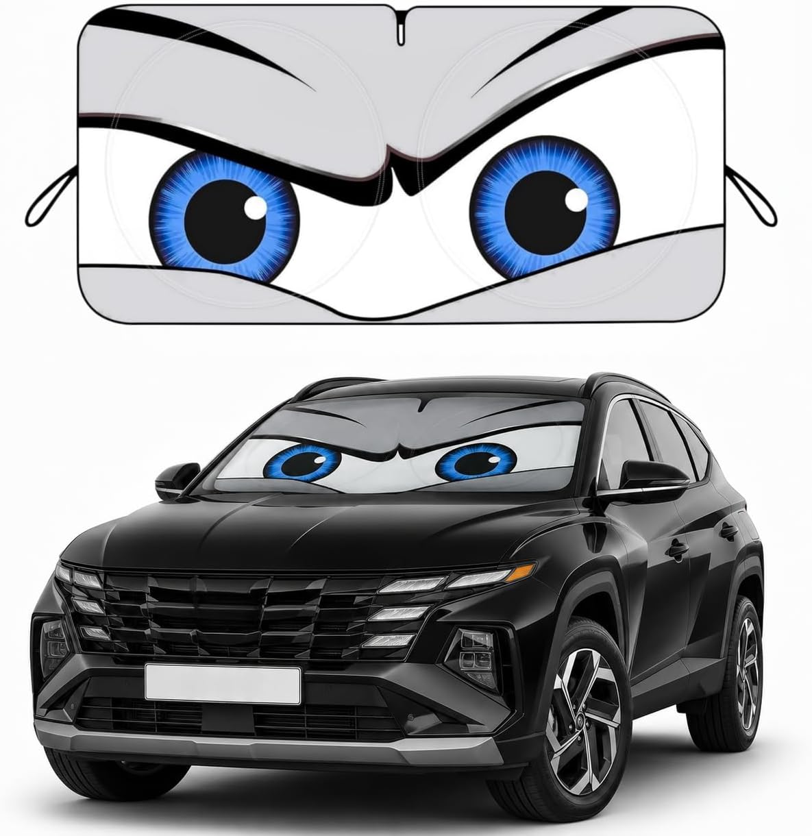 Car Windshield Sun Shade, Funny Cartoon Eyes Sun Visor for Car Windshield Universal Fits Sedan Compact Car Hatchback SUV, UV Heat Protection - 59 x 27.5