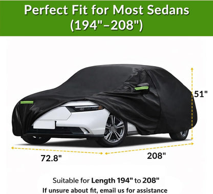 Car Cover Waterproof All Weather for Automobiles, Outdoor Full Exterior Covers for Sedan Black(Suggest Car Length from 194"-208")