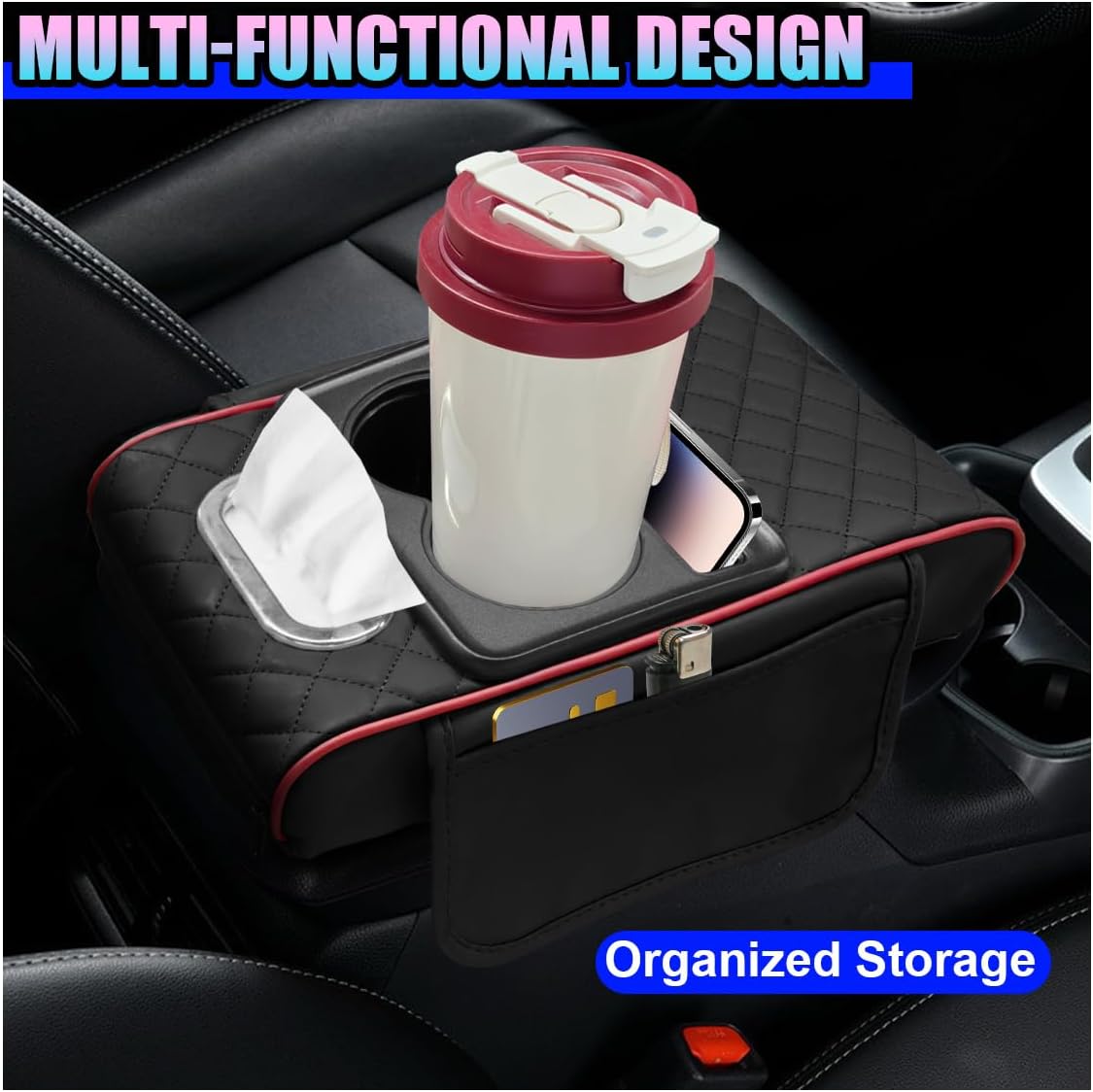 Leather Car Center Console Cover, Universal Automotive Armrest Booster Cushion, Vehicle Middle Console Organizer with 2 Cup Holders, Side Storage Bag, Tissue Box & Phone Slot(Black)