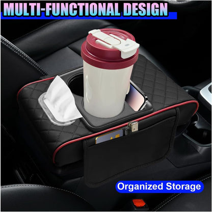 Leather Car Center Console Cover, Universal Automotive Armrest Booster Cushion, Vehicle Middle Console Organizer with 2 Cup Holders, Side Storage Bag, Tissue Box & Phone Slot(Black)