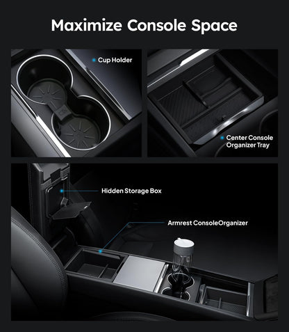 Wigoo Center Console Organizer for Tesla Model Y Juniper (Only Premium & Performance 2025 2026) and All Model 3 Highland Accessories [Double-Layer Storage, Smooth Sliding] 4PCS Black
