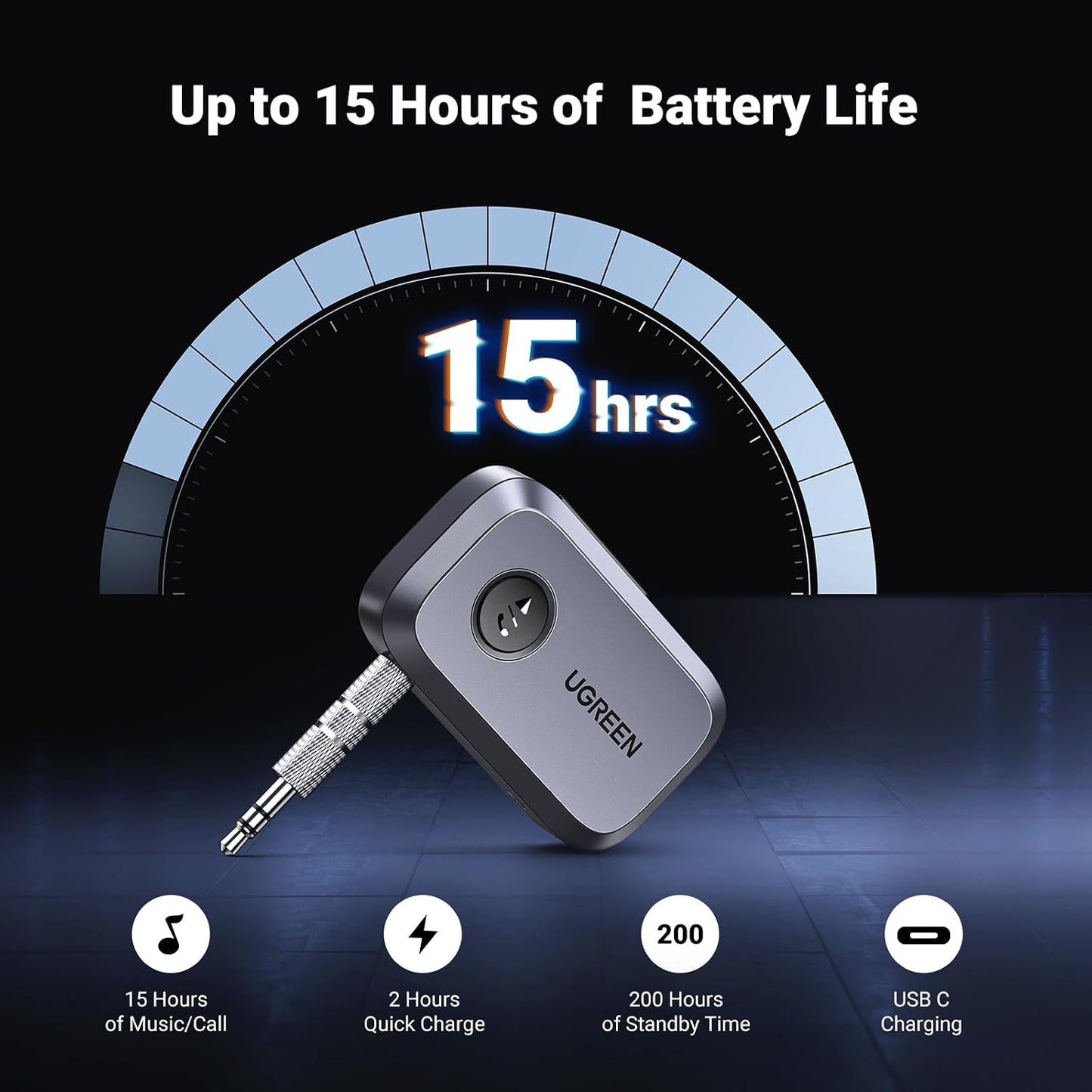 UGREEN Bluetooth 5.4 Car Adapter, Hands-Free Call & Noise Cancelling AUX to Bluetooth Adapter for Car, 3.5mm Audio Blue-Tooth Receiver for Cars Stereo Home Speaker - 15H Battery Life