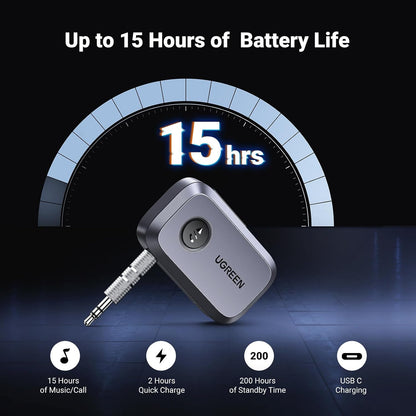 UGREEN Bluetooth 5.4 Car Adapter, Hands-Free Call & Noise Cancelling AUX to Bluetooth Adapter for Car, 3.5mm Audio Blue-Tooth Receiver for Cars Stereo Home Speaker - 15H Battery Life