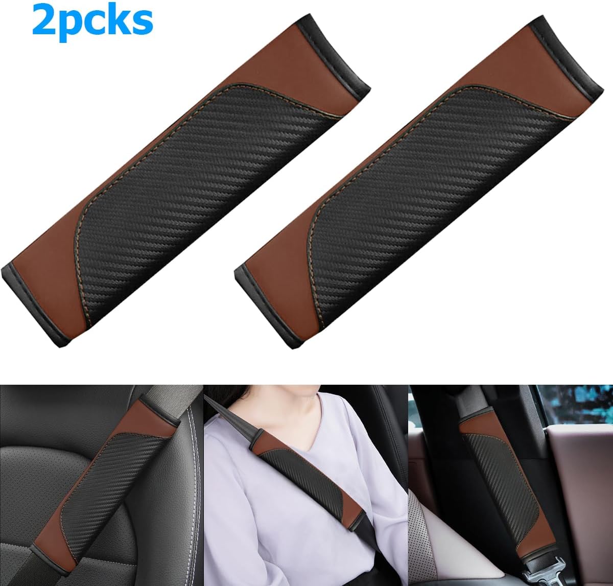 AUCELI 2PCS Car Seat Belt Cover, Carbon Fiber Seatbelt Shoulder Strap Covers, Breathable Leather Soft Harness Pad Protect Your Neck and Shoulder Compatible with Cars