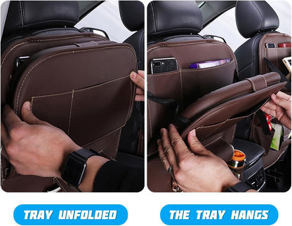 Car Seat Back Organizer, Leather Vehicle Seatback Storage Pocket with Foldable Table Tray, Multifunctional Automotive Backseat Protectors Kick Mats Accessories, Universal Fit (Brown)