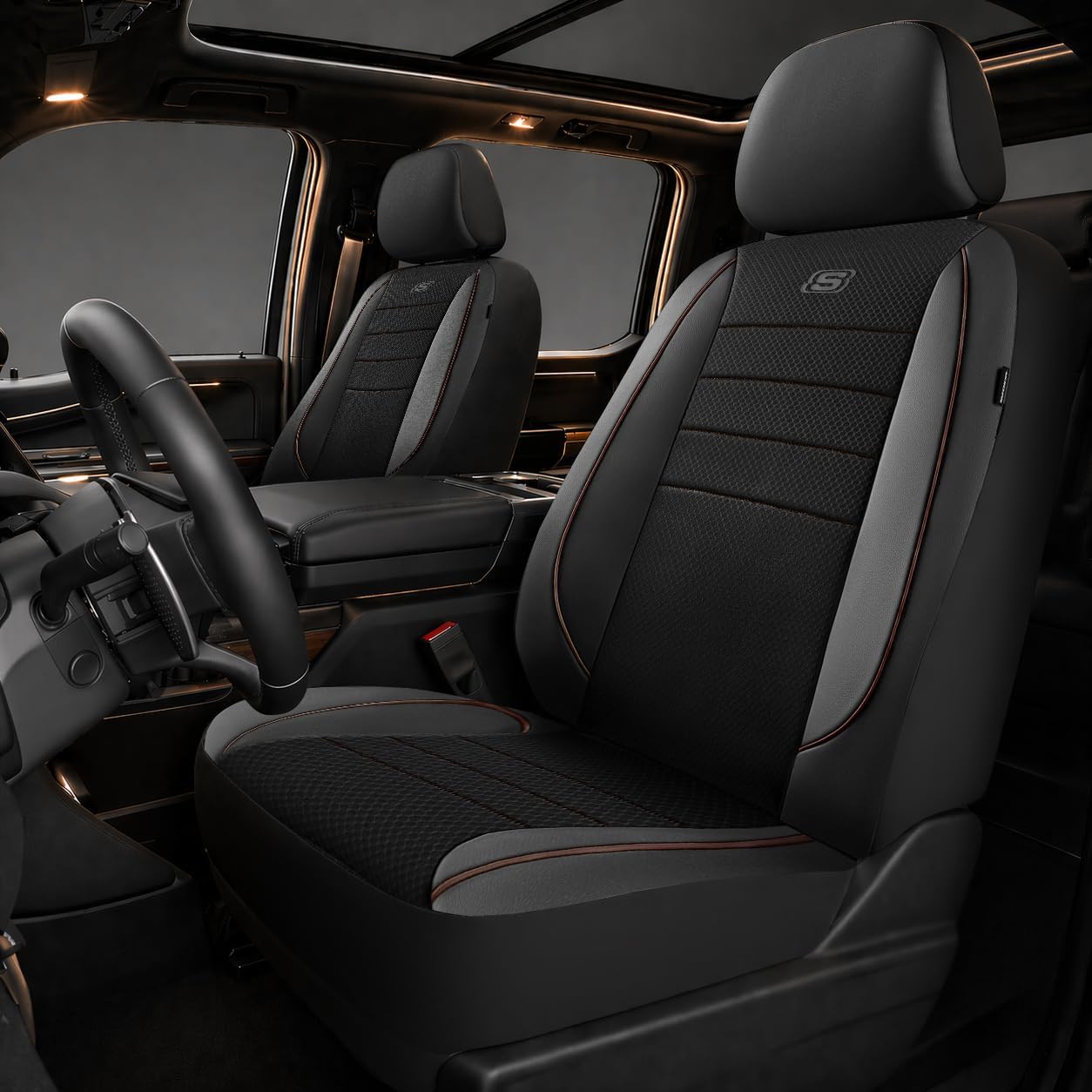 Skechers Air-Cooled Memory Foam Seat Covers,Mesh Thick Car Seat Covers,Piping Leather Car Seat Covers Front Seats,Airbag Compatible,Automotive Comfort Universal FitMost Cars,Vans,Truck,SUV,Black