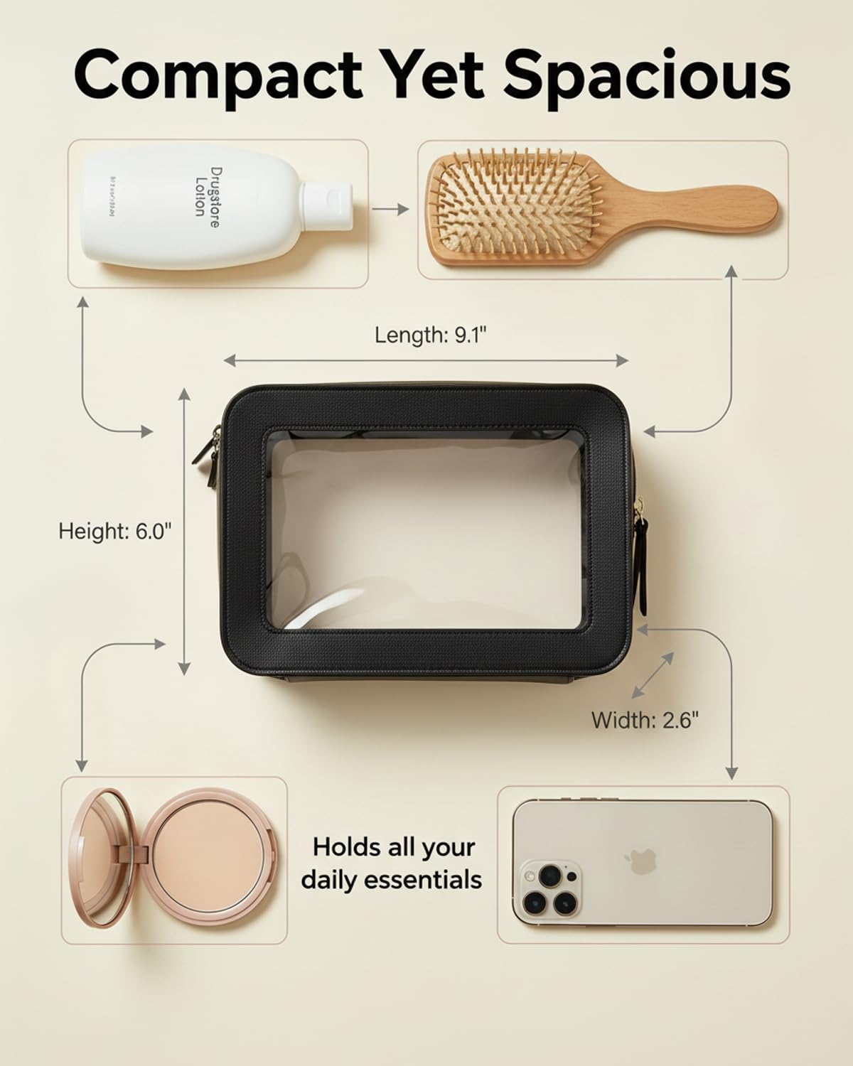LETGO Clear Makeup Bags, TSA Approved Toiletry Bag with Zipper, Clear Makeup Organizer Fit Carry-on Travel Essentials,Clear Cosmetic Bags for Women Men (C-Beige)