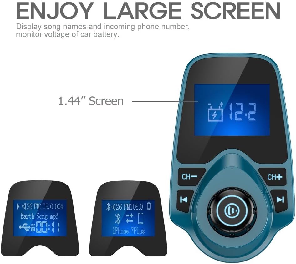 Nulaxy KM18 Bluetooth 5.4 Car Adapter with 1.44" Clear Display & Flexible Gooseneck - FM Radio Transmitter & Bluetooth Receiver for Hands-Free Calls, Wireless Music via BT/FM/AUX/TF, USB Car Charger
