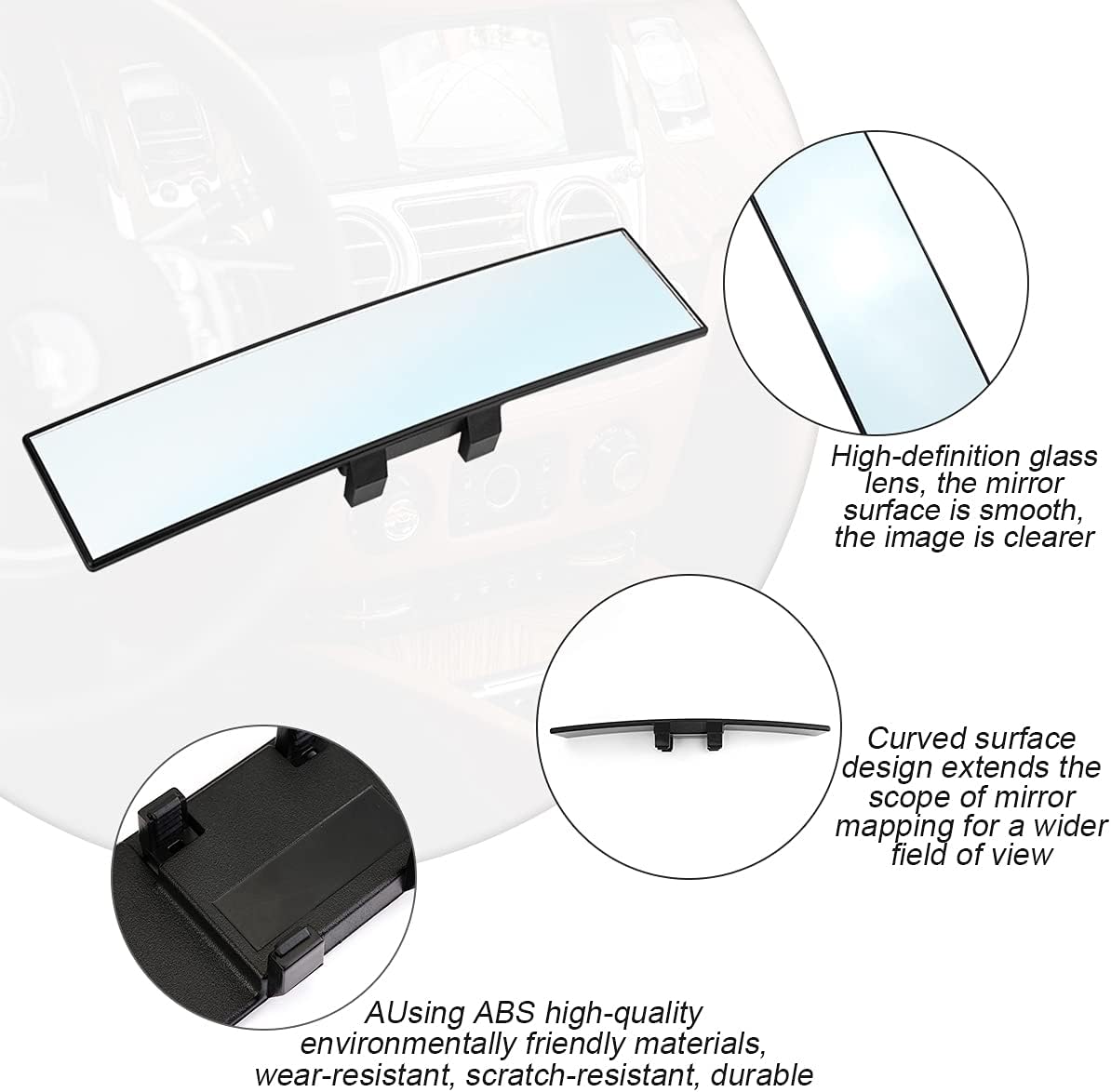8sanlione Car Rearview Mirrors, Shock Resistant Interior Clip-on Panoramic Rear View Mirror for Car, Wide Viewing Range, 12 inch HD Universal Use for Cars, SUVs, Trucks, Vehicles (White)