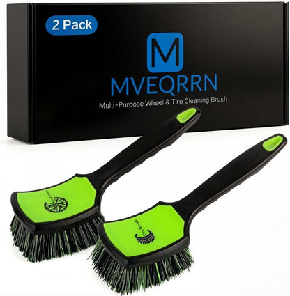 MVEQRRN 2-Pack Car Wheel Tire Detailing Brush Set:Wheel Cleaner Brush with Soft Bristles,Stiff Bristle Cleaning Brush with Rubber Handle for Deep Clean Car Tire Rims, Fenders or Carpet(Black Green)