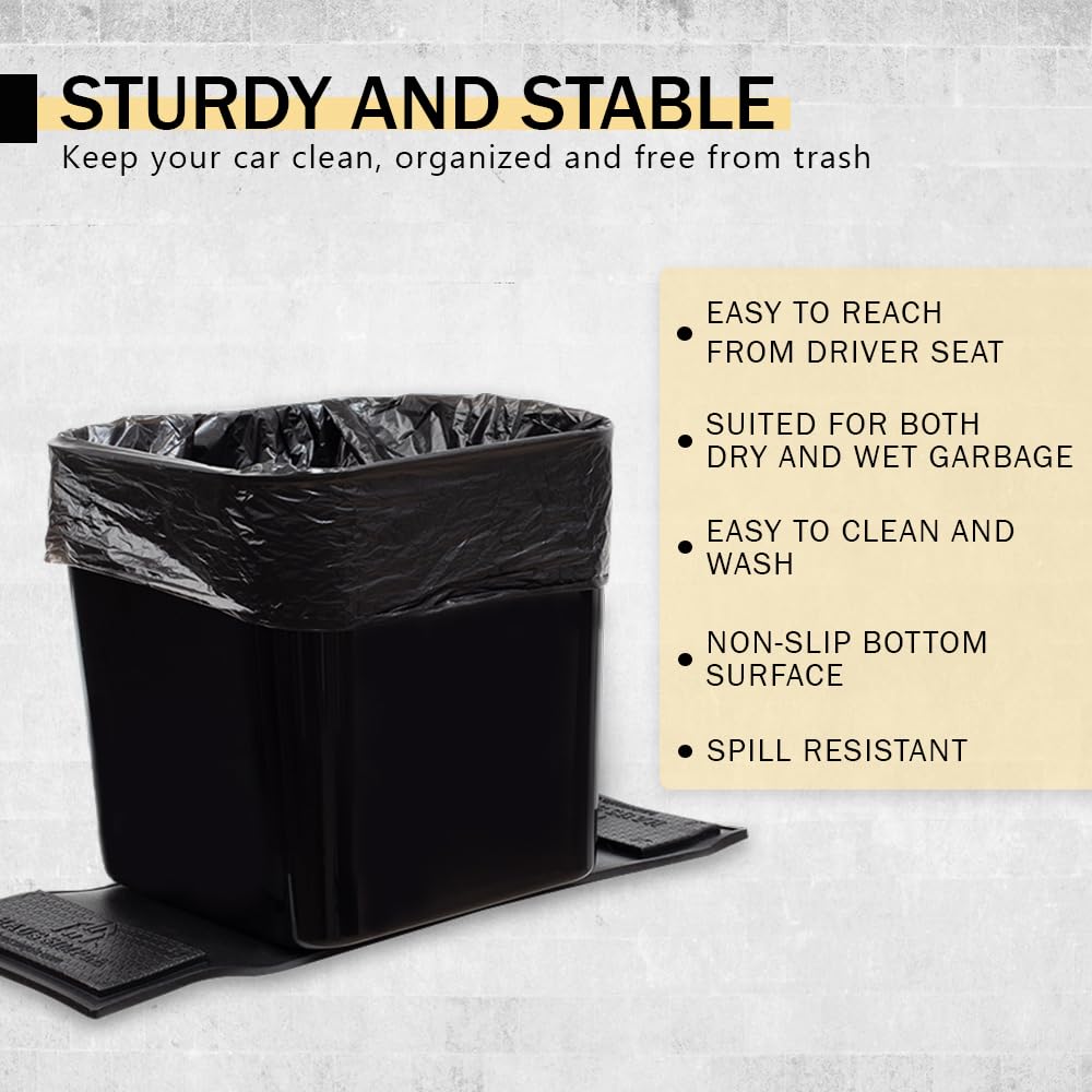 Car Trash Can with Stability Wings – Leakproof Portable Garbage Bin for Fabric & Rubber Mats – Compact Durable Plastic Auto Organizer for Cars, SUVs, Trucks (Black, Large)