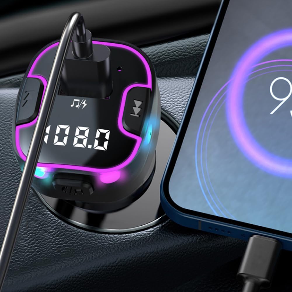 Bluetooth 5.3 Car Adapter, PD &QC3.0 Fast Charging FM Radio Transmitter for Car, Radio Bluetooth Receiver, Hands-Free Calling, U Disk & Colorful Light