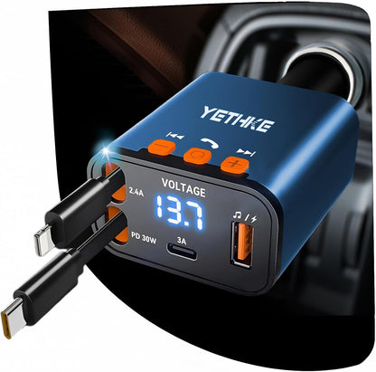 Bluetooth Car Adapter with Retractable Charger, FM Transmitter Bluetooth 5.4 for Cars, 4 in 1 Fast Car Phone Charger 69W, Handsfree Call, 2*Retractable Cable for iPhone 17/16/15/14, Galaxy-Black