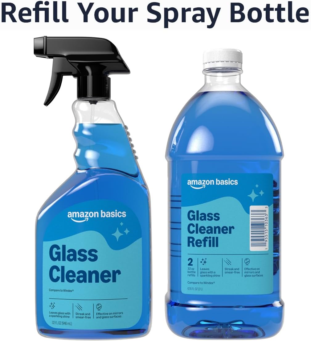 Amazon Basics Glass Cleaner, Streak-Free Shine, 32 Fl Oz, Pack of 2 with 1 Sprayer