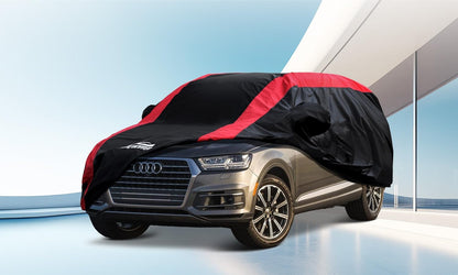 Car Cover Waterproof All Weather Protection with Red Stripe Design, Universal Fit Toyota Camry Solara, Ford Fusion, Kia Stinger Optima, Nissan Maxima, VW Passat, Subaru Legcy