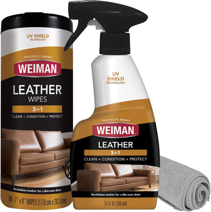 Weiman Leather Cleaner & Conditioner - Cleans, Restores & Protects Leather, UV Protection Prevent Cracking & Fading, For Car Seats, Sofas, Shoes, Bags & All Finished Leather Surfaces, 2 Pack