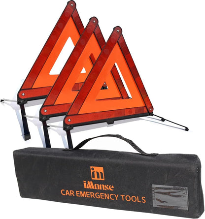 Warning Safety Triangle Kit, Emergency Roadside Warning Reflective Triangle 3 Packs with 2 LED Road Flare Light, Foldable with Storage Case for Roadside Breakdowns Emergenc