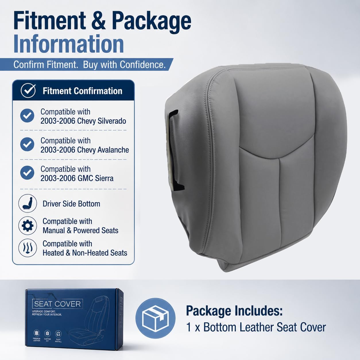 NLQR #522 Light Tan Front Driver Bottom Replacement Seat Cover Microfiber Leather Compatible with Chevy Avalanche Tahoe Suburban GMC Yukon XL 2003 2004 2005 2006