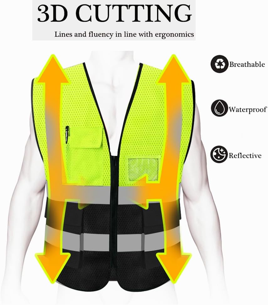 HYCOPROT High Visibility Mesh Safety Reflective Vest with Pockets and Zipper, Meets ANSI/ISEA Standards