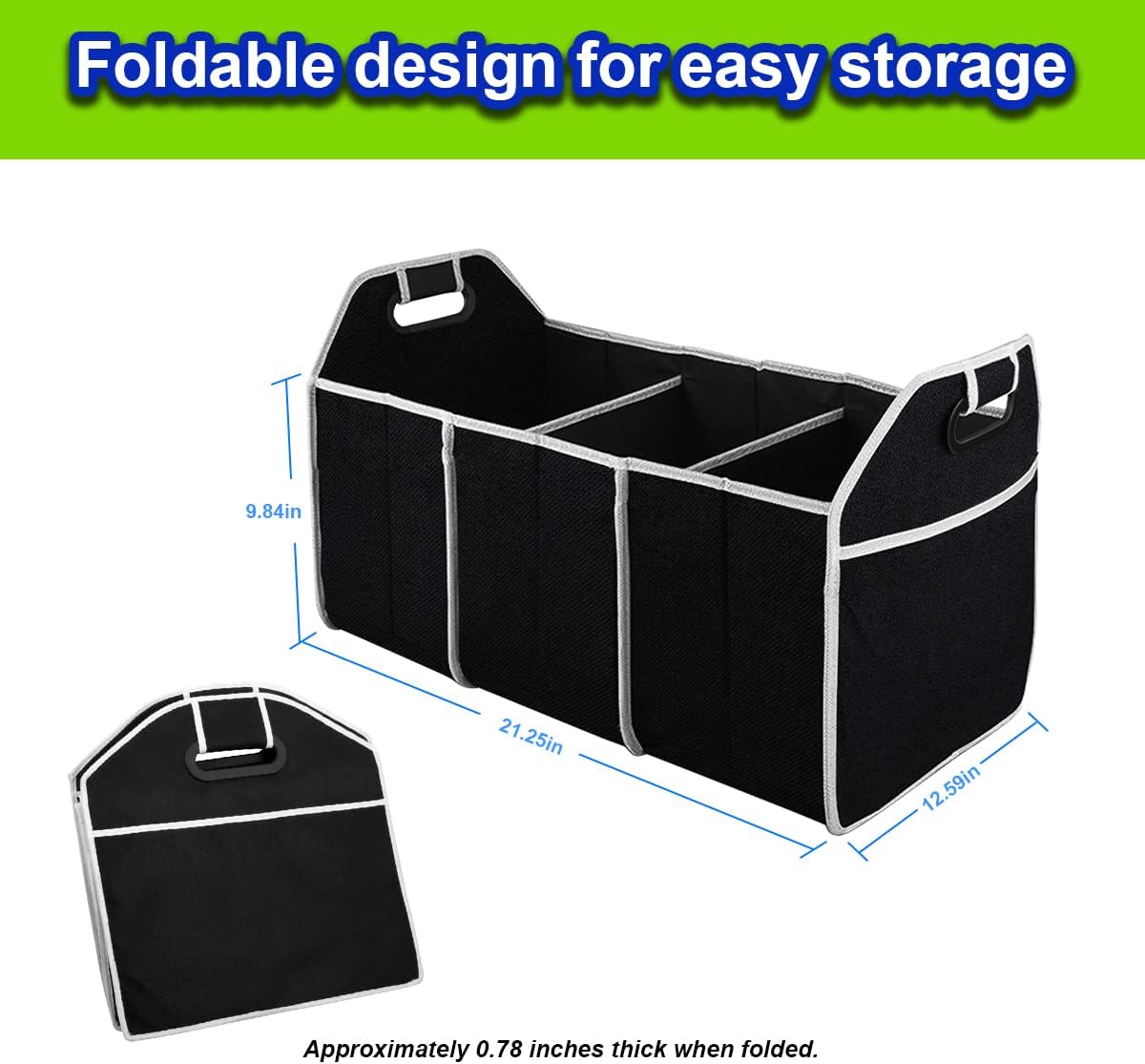 Car Trunk Organizer, Portable Foldable Waterproof Auto Storage Bag with 3 Compartments, Collapsible Cargo Trunk Groceries Organizer, Car Accessories Universal for SUV, Truck, Van, Sedan (Black2)