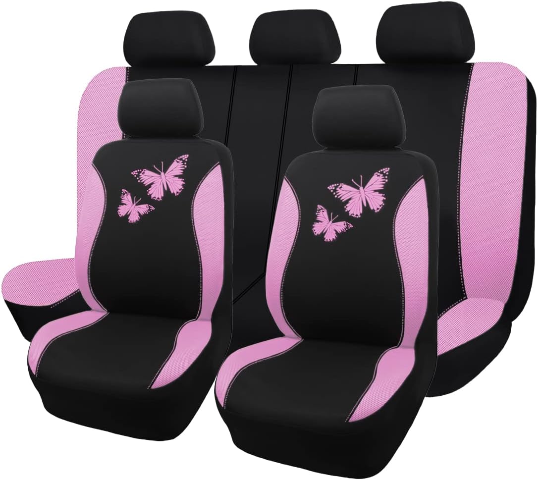 Flying Banner Butterfly car seat Covers ful Set Fashion Universal Lady Woman Female Rear Bench Split Colorized (Pink, 2 Fronts - Lace)