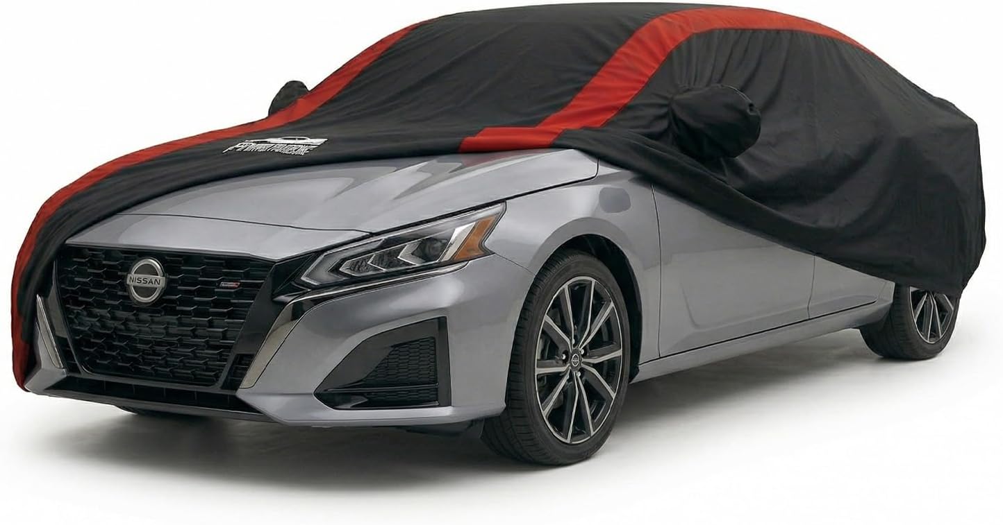 Car Cover Waterproof All Weather Protection with Red Stripe Design, Universal Fit Toyota Camry Solara, Ford Fusion, Kia Stinger Optima, Nissan Maxima, VW Passat, Subaru Legcy
