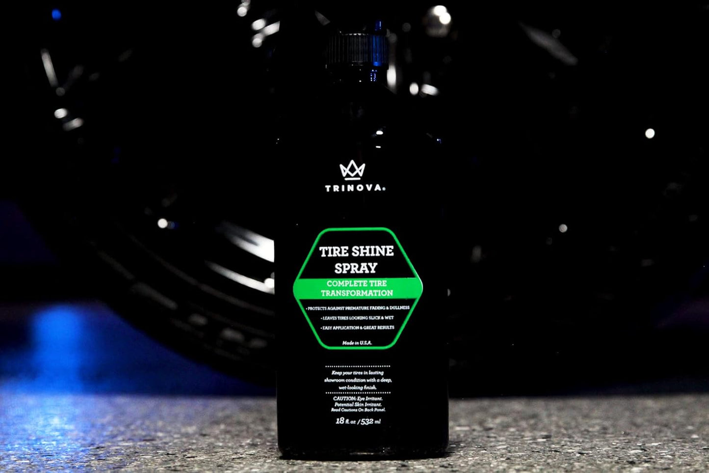 Trinova 33511 Tire Shine Spray No Wipe - Automotive Clear Coat Dressing for Wet & Slick Finish - Keeps Tires Black - with Rubber Protector - Prevents Fading & Yellowing - 18 OZ