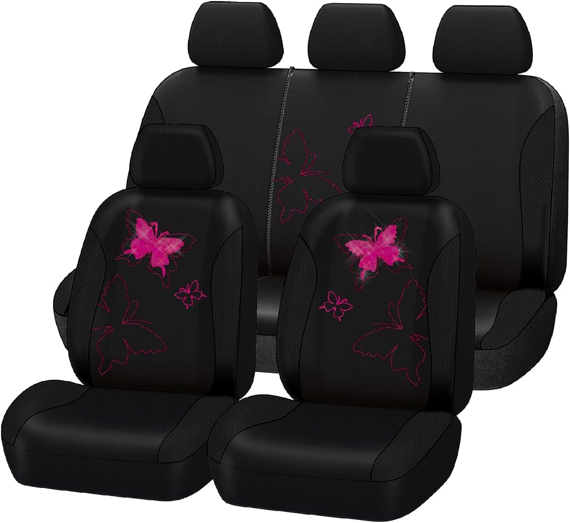 Flying Banner Butterfly car seat Covers ful Set Fashion Universal Lady Woman Female Rear Bench Split Colorized (Pink, 2 Fronts - Lace)