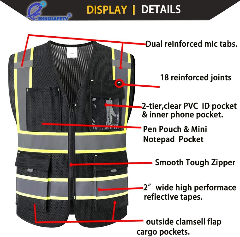 Reflective Mesh Safety Vest for Men Women with 5 Pockets and Zipper Front High Visibility Mesh Vest Hi Vis Construction Work Vest,Meets ANSI/ISEA Standards(EK175-Yellow-L)