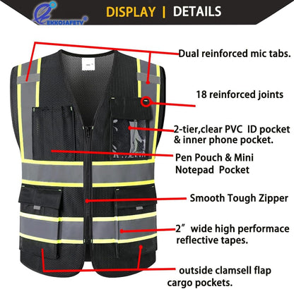 Reflective Mesh Safety Vest for Men Women with 5 Pockets and Zipper Front High Visibility Mesh Vest Hi Vis Construction Work Vest,Meets ANSI/ISEA Standards(EK175-Yellow-L)