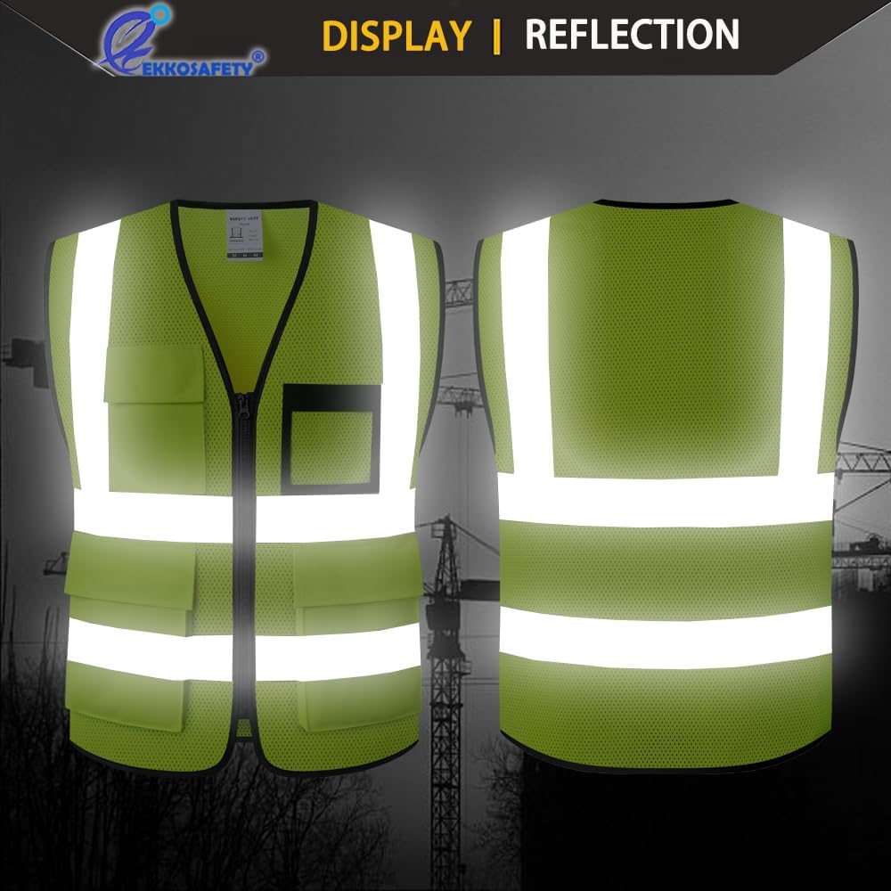 Reflective Mesh Safety Vest for Men Women with 5 Pockets and Zipper Front High Visibility Mesh Vest Hi Vis Construction Work Vest,Meets ANSI/ISEA Standards(EK175-Yellow-L)