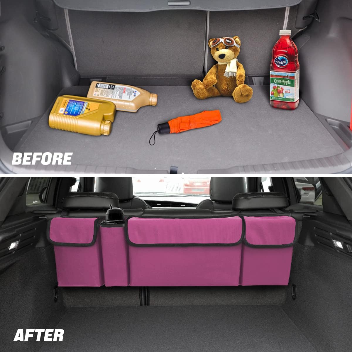 AUCELI Car Trunk Organizer, Backseat Hanging Large Storage with Adjustable Straps, Waterproof Collapsible Cargo Bag with 4 Pockets, Sturdy Space Saver Frees Trunk Floor for SUV, Truck, MPV