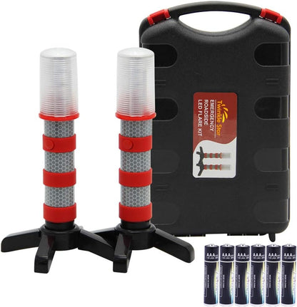 Twinkle Star LED Safety Strobe Road Warning Light, Set of 4 | Emergency Roadside Flares Kit, Highway Beacon Alert Flare, Magnetic Base, Detachable Stand, Solid Storage Case