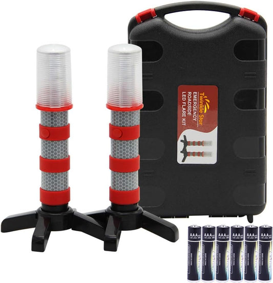 Twinkle Star LED Safety Strobe Road Warning Light, Set of 4 | Emergency Roadside Flares Kit, Highway Beacon Alert Flare, Magnetic Base, Detachable Stand, Solid Storage Case