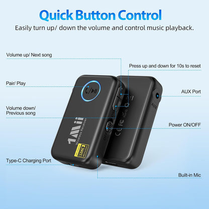 1Mii Bluetooth 5.3 Music Receiver for Car/Home Stereo, Aux Bluetooth Adapter for Car with Volume Control Supports Hands Free Calls, 16H Battery Life