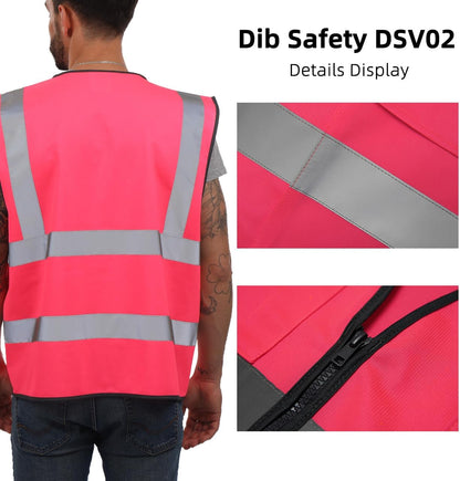 Dib Safety Reflective Safety Vest for Men Women, High Visibility Vest with Pockets and Zipper, ANSI Class 2